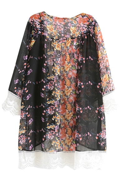 Gorgeous Floral Print V-Neck Lace Crochet Hem Long Sleeve Kimono