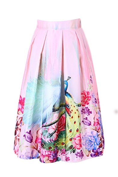Peacock Print Elastic Waist Pleated Midi Skirt