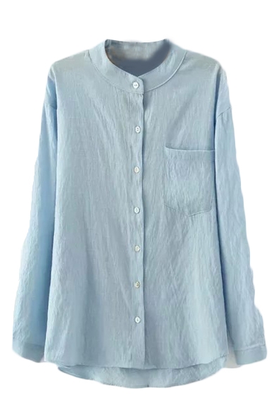 Plain Stand Collar Long Sleeve Single Breasted Pocket Shirt