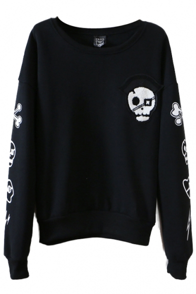 Skull Print Round Collar Long Sleeve Sweatshirt