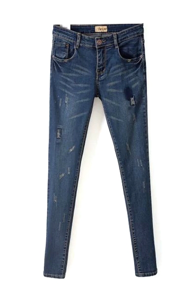 Dark Blue Zipper Fly Ripped Single Button Skinny Jeans