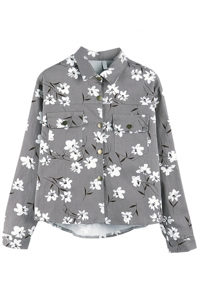Gray Long Sleeve Double Pocket Floral Print Coat