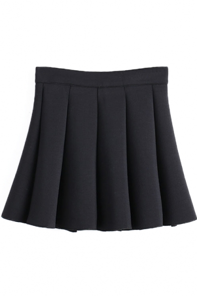 Plain High Waist Full Cotton Pleated Skirt
