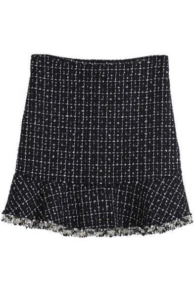 Zip Back Ruffle Hem Mini Plaid Skirt