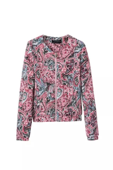 Abstract Floral Print Round Neck Quilted Long Sleeve Zipper Coat