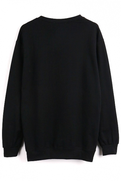 Round Neck Print Long Sleeve Pullover Black Sweatshirt - Beautifulhalo.com