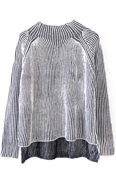 Stripe Print Raglan Long Sleeve High Low Sweater