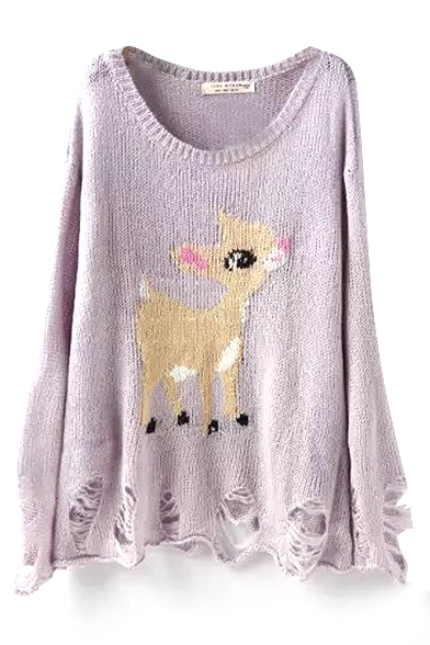 Cute Deer Pattern Scoop Neck Long Sleeve Ripped Sweater