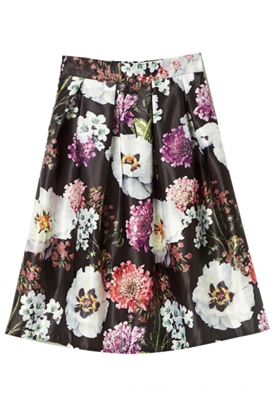 Floral Print High Waist Midi Full Skirt