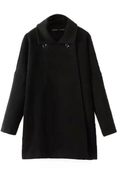 Lapel Long Sleeve Button Detail Plain Woolen Coat