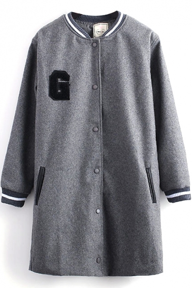 Letter Applique Long Sleeve Stand Collar Single Breasted Longline Coat
