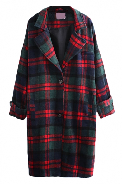 Plaid Long Sleeve Lapel Single Breasted Longline Woolen Coat