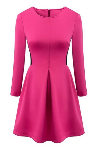 Plain Round Neck Zipper Back Long Sleeve Fit and Flare Dress ...