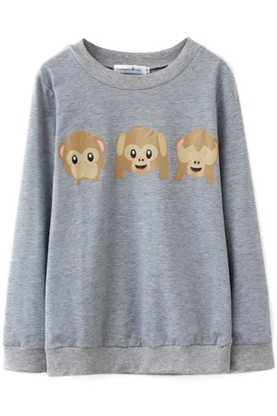 Round Neck Long Sleeve Monkey Print Pullover Sweatshirt