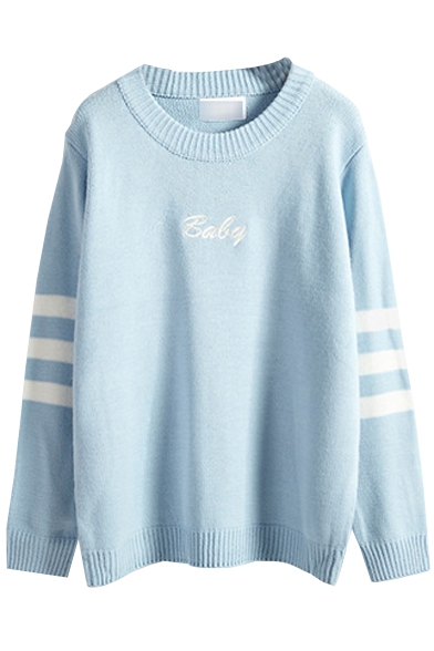Stripe Letter Embroidered Round Neck Sweater