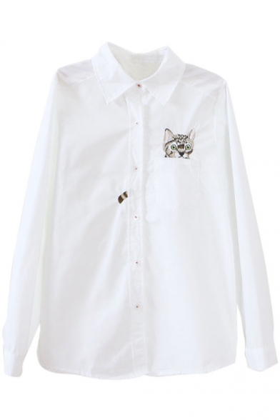 White Cat Print Lapel Long Sleeve Button Down Shirt