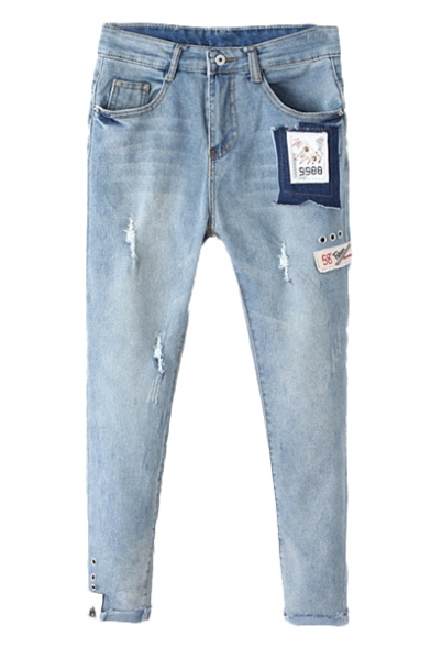 Blue Zippered Badge Patch Work Crop Jeans