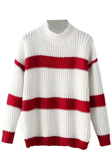 High Neck Color Block Stripe Long Sleeve Knit Sweater