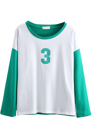 Number Print Front Round Neck Long Sleeve Colorblock Tee