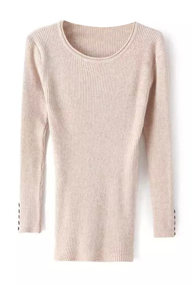 Round Neck Plain Long Sleeve Button Cuff Knit Sweater