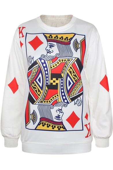 White Poker Print Long Sleeve Round Neck Sweatshirt