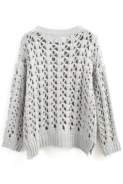 Plain Hollow Open Knit Long Sleeve Sweater