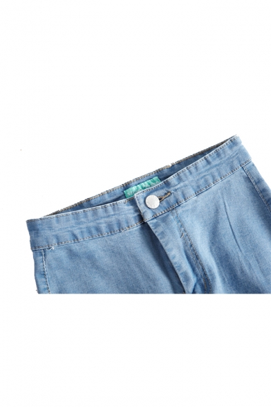 Plain Open Knit Zippered High Waist Pencil Jeans