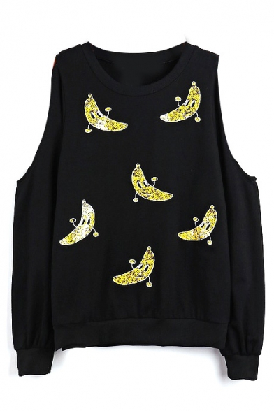 Round Neck Long Sleeve Cold Shoulder Banana Print Sweatshirt