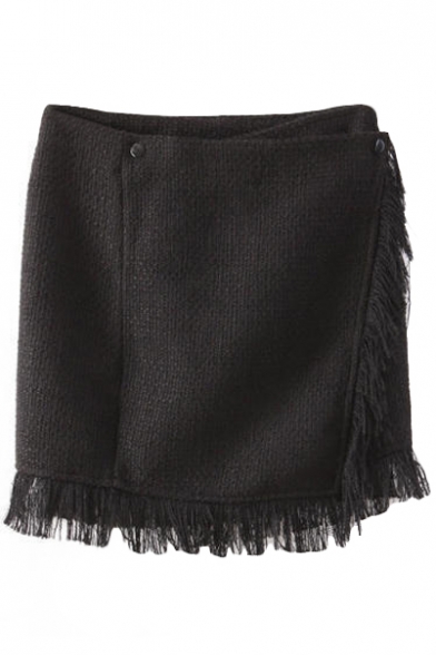 Black Buttons Wrap Tassel Trim Bodycon Skirt