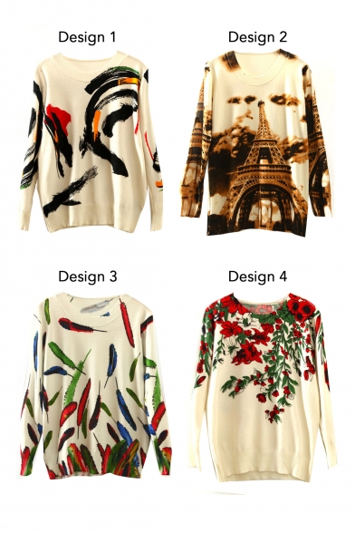 Colorful Print Round Neck Long Sleeve Tunic Sweater