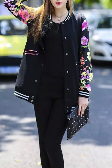 Floral Print Long Sleeve Stand Collar Single Breasted Bomber Jacket
