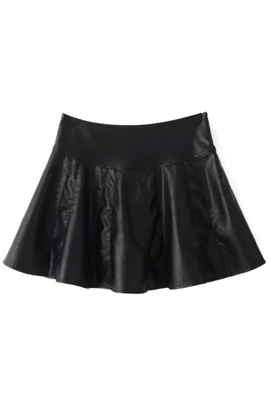 Plain Black Leather Zipper Side Flared Mini Skirt