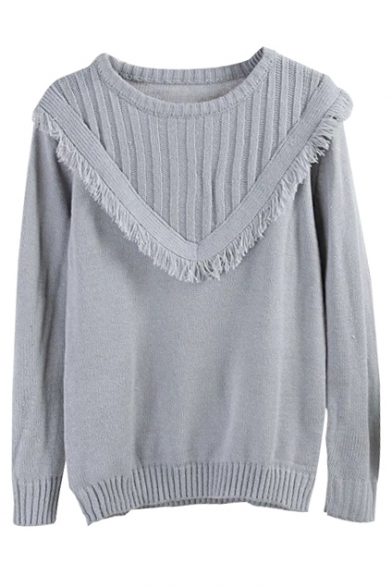 Plain Tassel Trim Long Sleeve Fitted Sweater