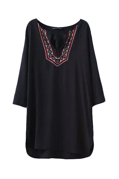Round Neck Tie Front Tribal Embroidery 3/4 Length Sleeve Shift Dress