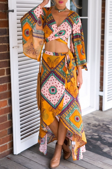 V-Neck Flared Sleeve Wrap Front Short Top with High Low Maxi Skirt