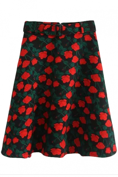 Zipper Back Floral Print A-Line Midi Skirt