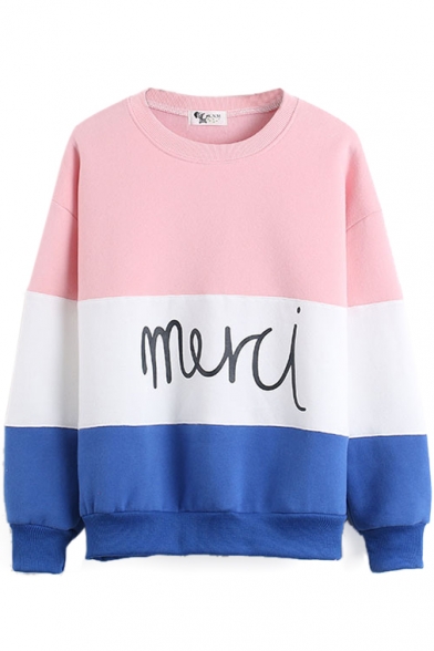 Color Block Embroidered Letter Long Sleeve Sweatshirt