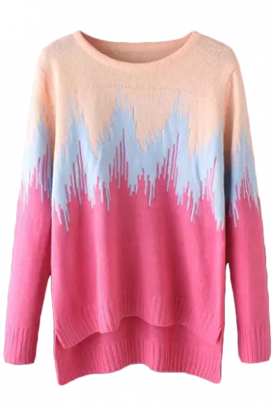Color Block Long Sleeve High Low Hem Sweater