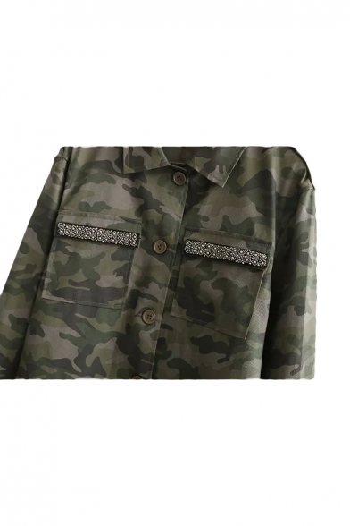 Lapel Camouflage Print Long Sleeve Pockets Tie Waist Coat