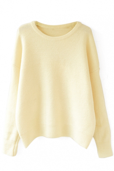 Plain Round Neck Long Sleeve Angola Sweater - Beautifulhalo.com