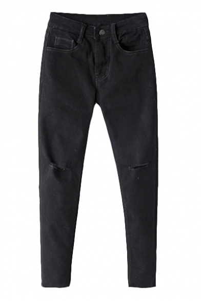 Black Zippered Open Knee Crop Jeans