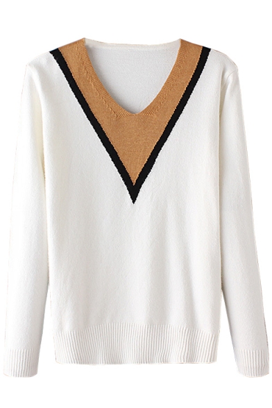 Color Block Long Sleeve V-Neck Fitted Sweater