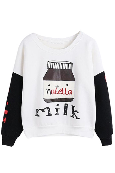 Color Block Round Neck Long Sleeve Cartoon Print Sweatshirt ...