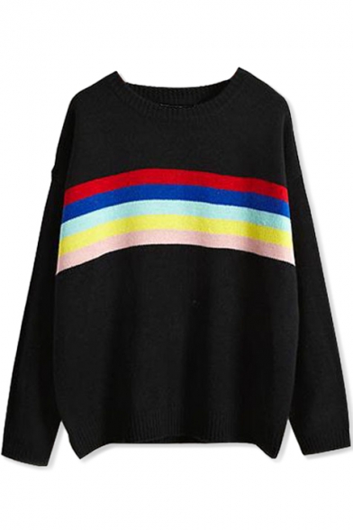 Multi Color Stripe Long Sleeve Round Neck Sweater