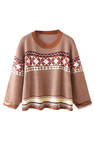 Tribal Jacquard Round Neck Long Sleeve Pullover Sweater