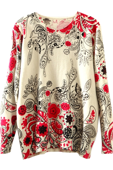 Beige Long Sleeve Paisley Floral Print Sweater