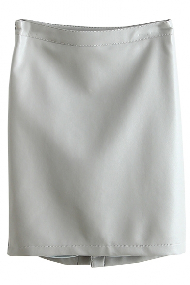 Gray Zippered PU Fabric Split Back PU Skirt