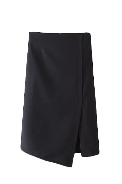 Plain Asymmetrical Hem Split Side Zipper Back Wrap Midi Skirt