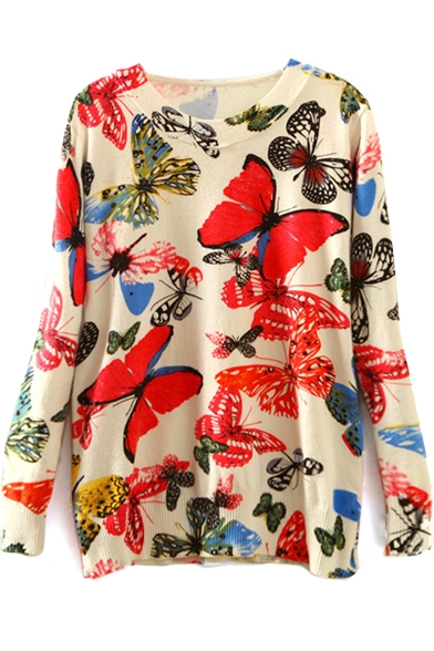 Beige Long Sleeve Butterfly Print Round Neck Sweater