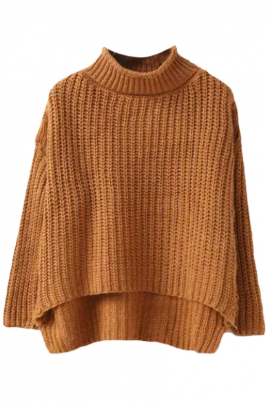 High Neck Long Sleeve Plain Knit High Low Sweater